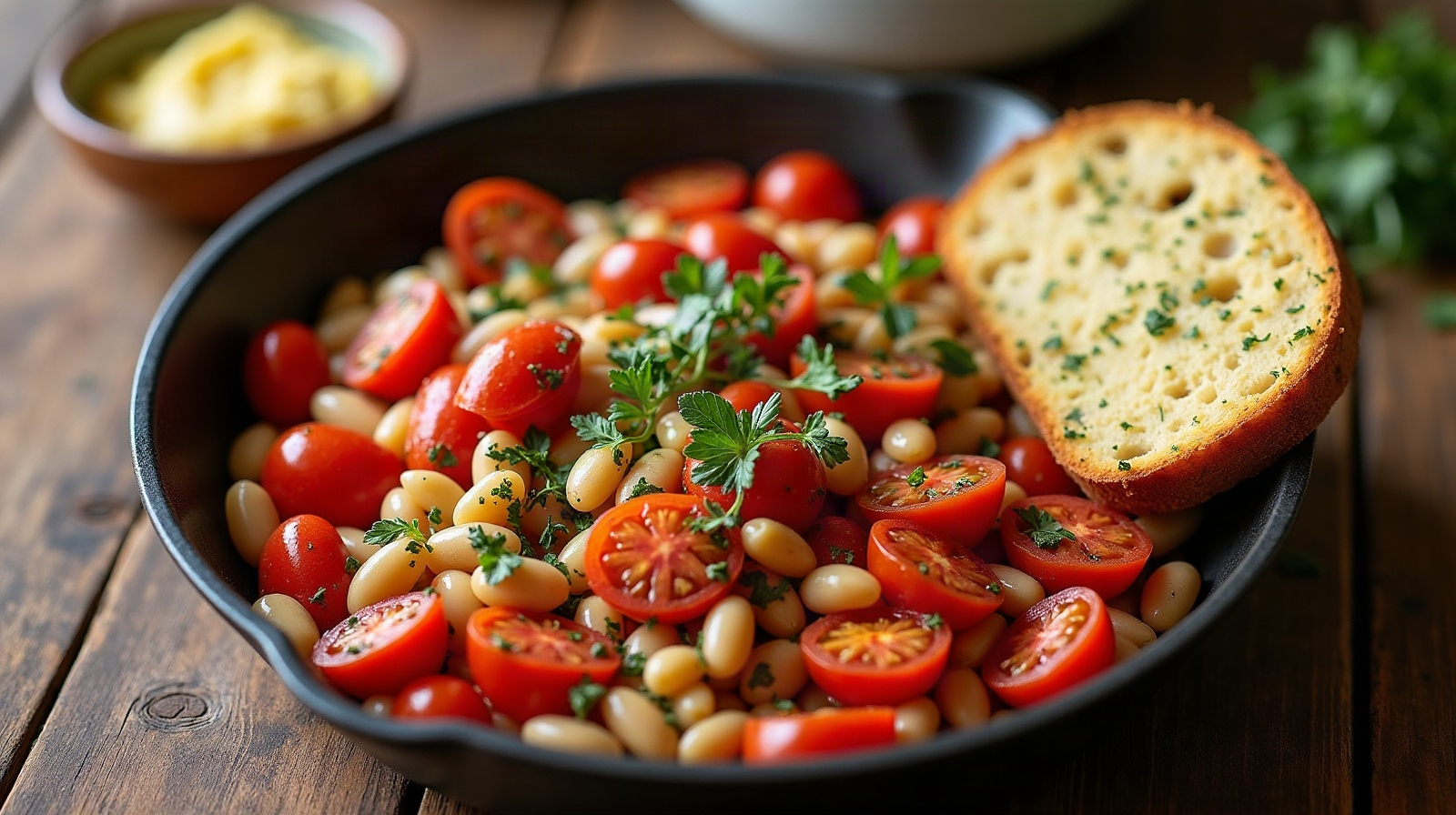 Tomato and White Bean Skillet with Crispy Garlic Bread. Tomatoes are hitting their peak right now across the Inland Empire, thick-skinned, juice-heavy, and cheap enough that you can build a whole dinner around them without thinking twice. This one-pan skillet turns fresh tomatoes, canned beans, and pantry basics into