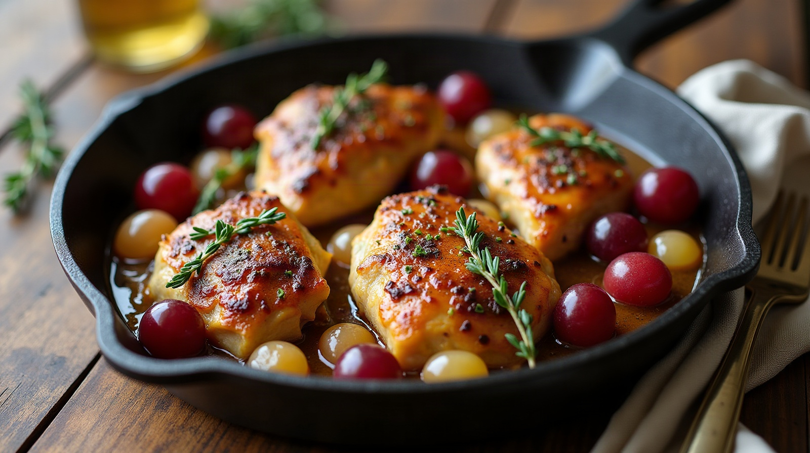 Chicken and Grape Skillet with Thyme. Grapes are in season now across the Inland Empire, and they're too good to leave for dessert. Roasted with chicken thighs and a splash of vinegar, they collapse into a quick, slightly sweet pan sauce that tastes like you planned