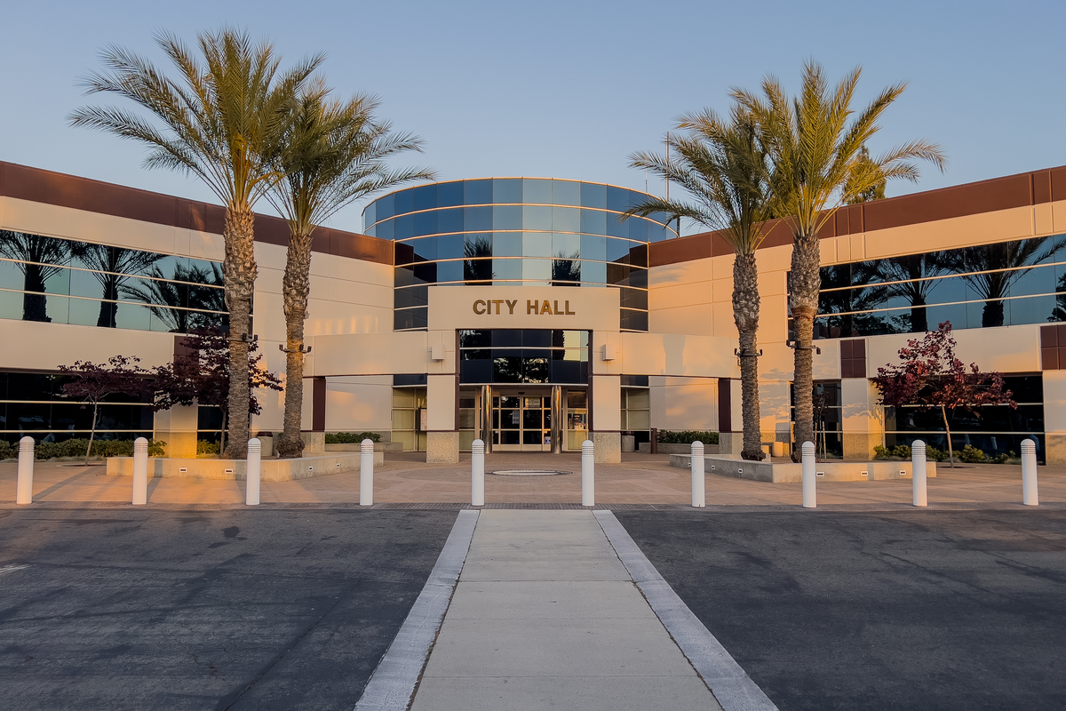 Moreno Valley City Hall, with the Box Springs Mountains on the horizon.